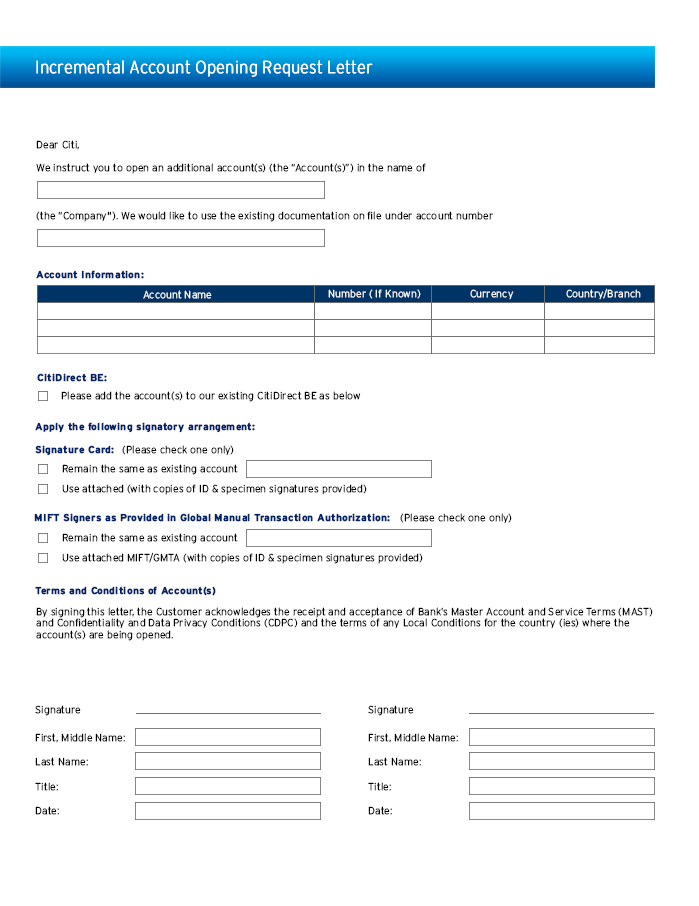 Citi Incremental Account Opening Letter